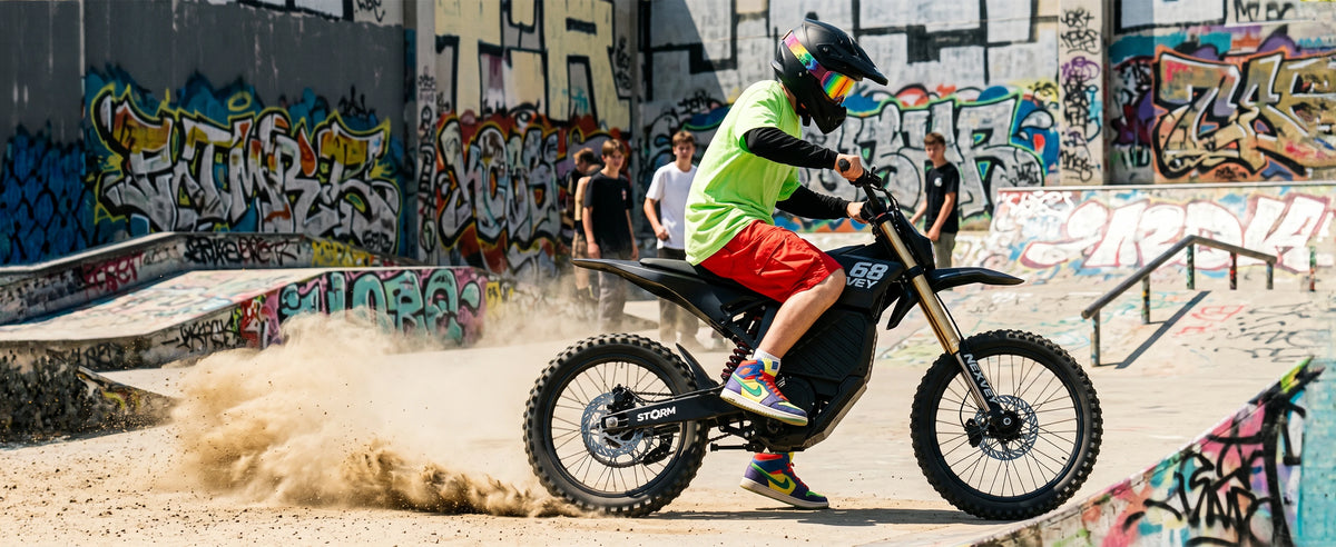 Rider on a NEXVEY Storm electric dirt bike in an urban off-road setting