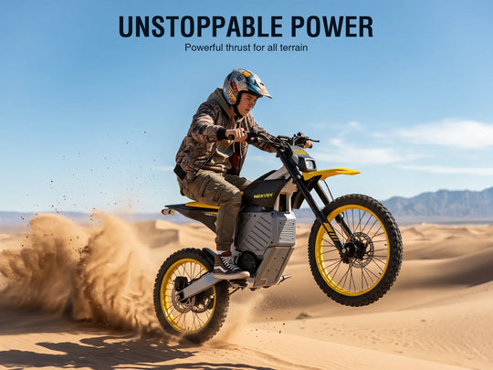 A teenage rider with a helmet riding a yellow NEXVEY STORM electric dirt bike, kicking up sand while doing a front-wheel lift in a desert setting with the title 'UNSTOPPABLE POWER'.