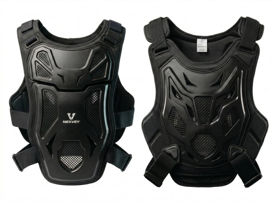 Nexvey youth motocross chest protector and body armor in black, featuring adjustable straps and breathable mesh for dirt bike racing safety