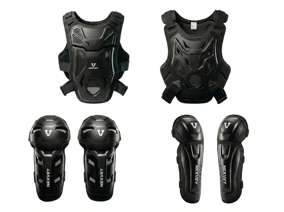 Nexvey black youth motocross protective gear set including chest protector and knee guards for kids dirt bike safety, professional racing body armor kit