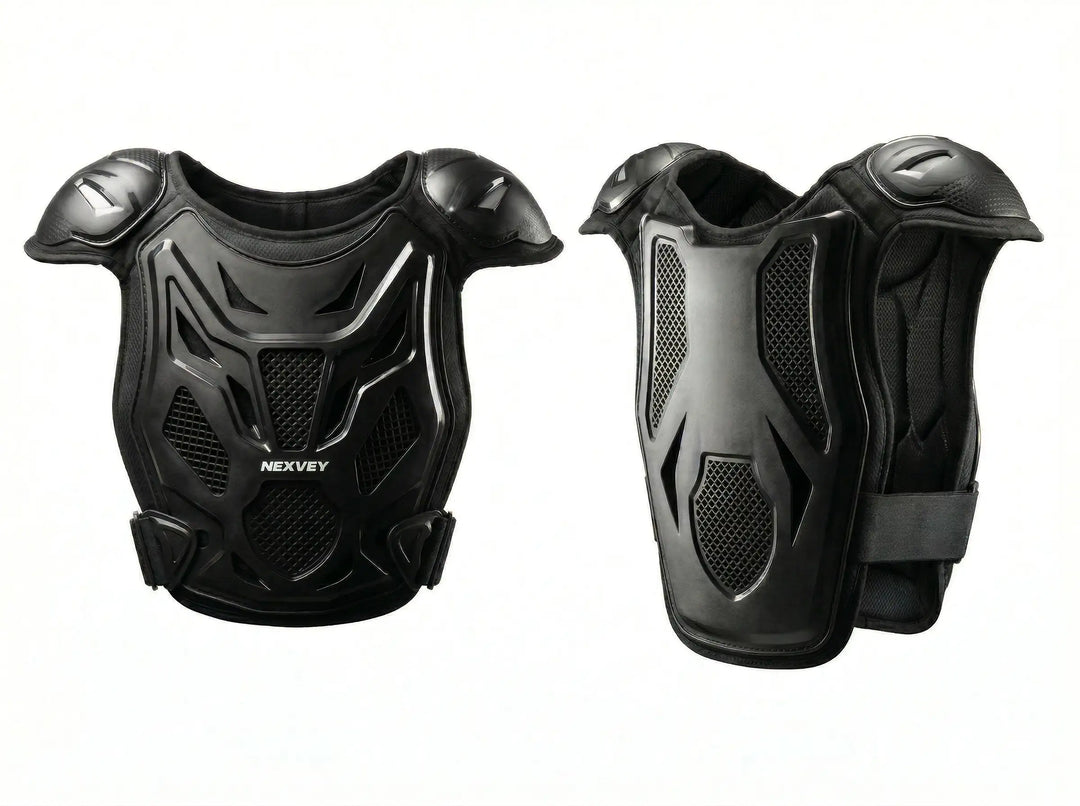 Nexvey black youth motocross chest protector with integrated shoulder guards, lightweight and breathable body armor for kids dirt bike racing