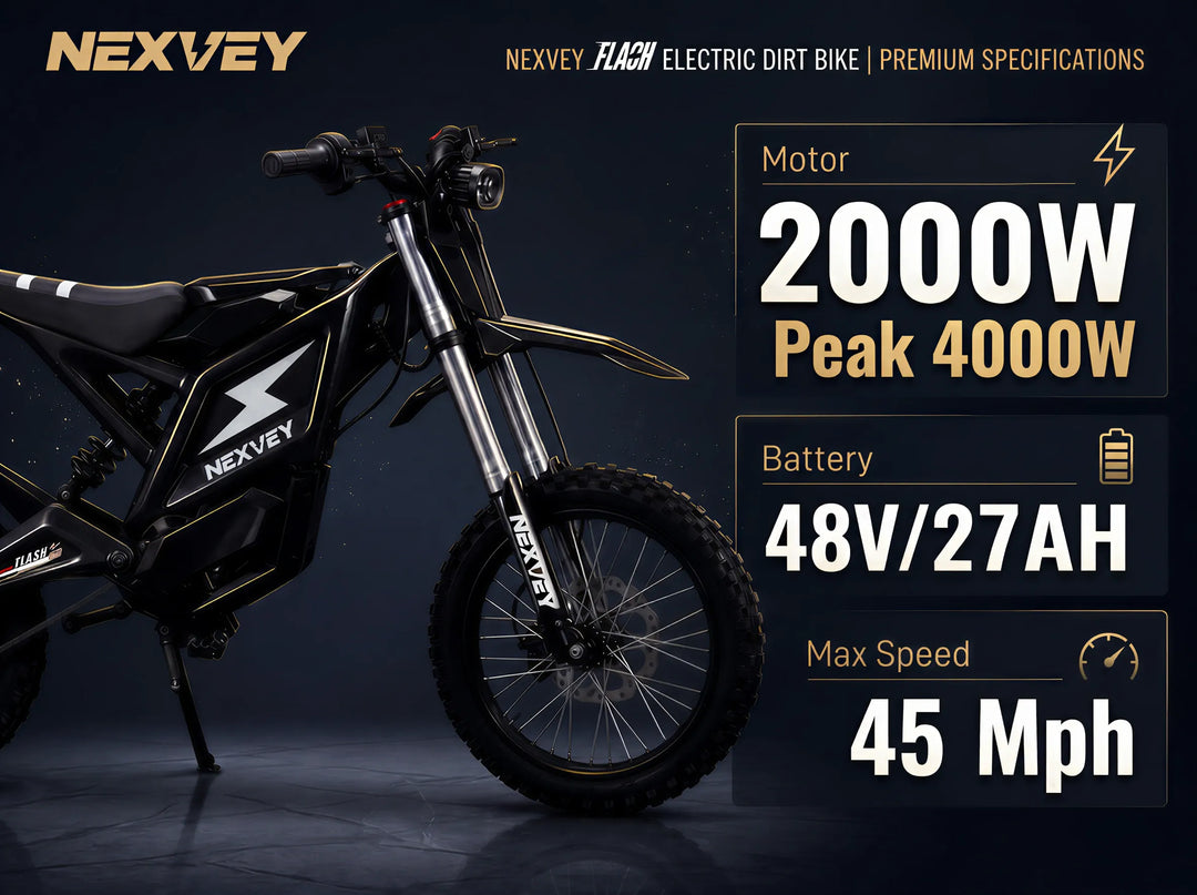 NEXVEY FLASH electric dirt bike specifications showing a 2000W motor, 4000W peak power, 48V 27Ah battery, and 45 MPH maximum speed.