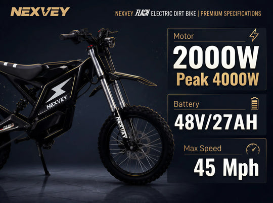 NEXVEY FLASH electric dirt bike specifications showing a 2000W motor, 4000W peak power, 48V 27Ah battery, and 45 MPH maximum speed.
