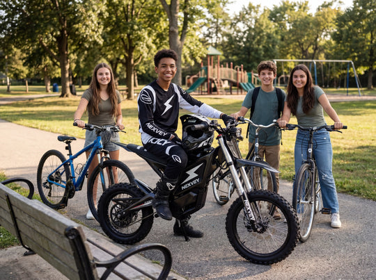 A confident teenage boy in black and white racing gear sitting on a black NEXVEY FLASH electric dirt bike, posing with friends on bicycles at a sunny local park