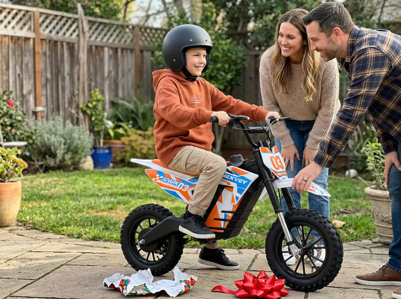 A young boy unboxing a NEXVEY Spark 03 mini electric dirt bike as a gift in a backyard, supported by happy parents for beginner outdoor riding