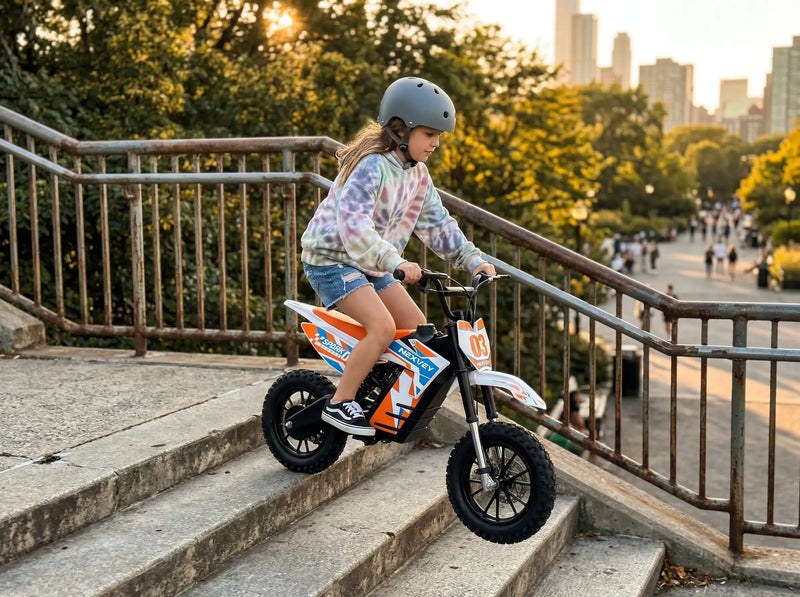 A young girl riding a NEXVEY SPARK 03 mini electric dirt bike down concrete steps in an urban park, demonstrating its lightweight and agile handling