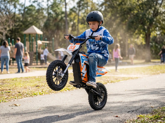 A young boy in a helmet and hoodie performing a balancing stunt on an orange NEXVEY SPARK 03 electric dirt bike atop a concrete ramp at a skatepark